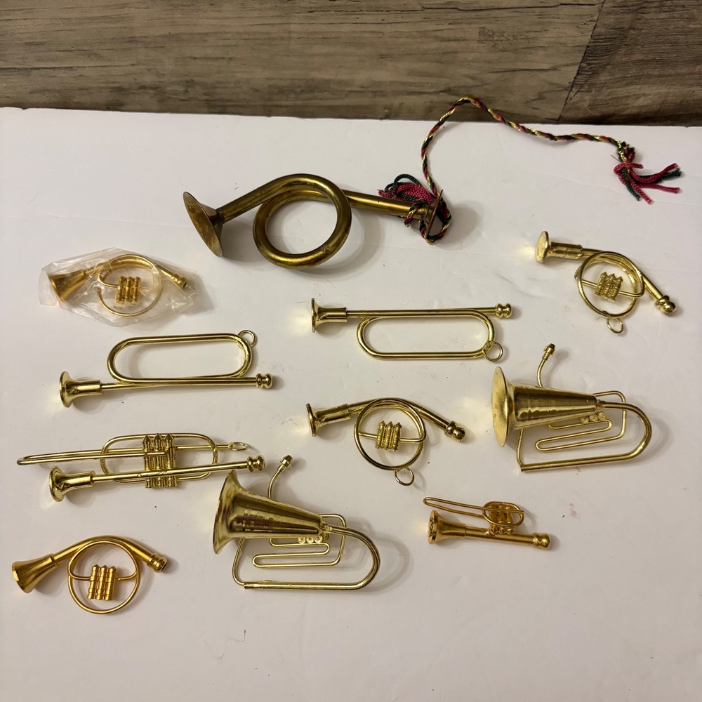 Vintage Miniature Brass Musical Instrument Christmas Ornaments Horns 10pc